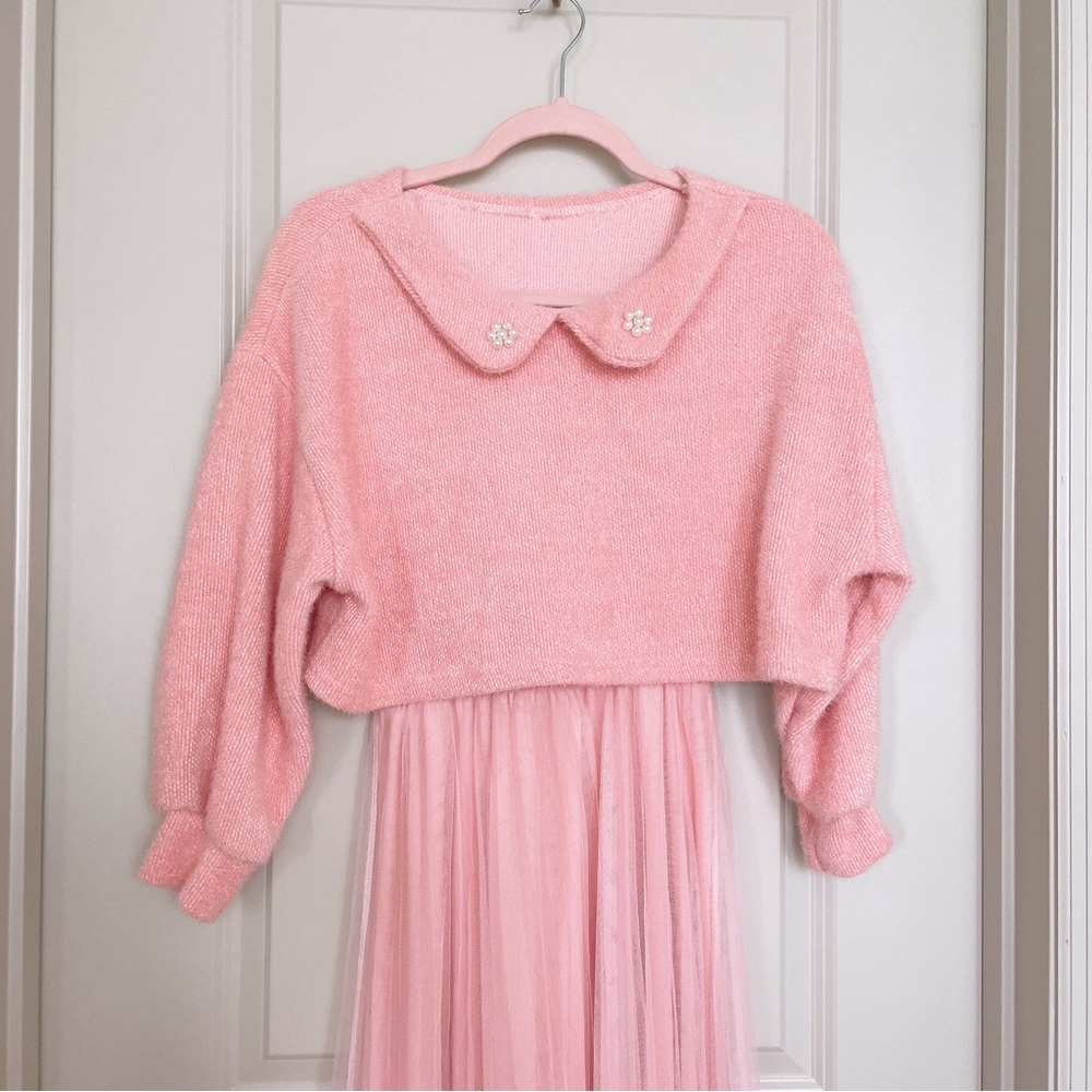 Pink Feminine Coquette Dress Set with Tweed top